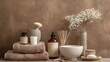 © The 2R Artificiality - Decorative items in a spa setting with a brown backdrop