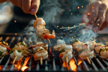 Wall Mural - Close-up of a chef's hands grilling seafood skewers on a BBQ, with shrimp and vegetables sizzling on the hot grill.