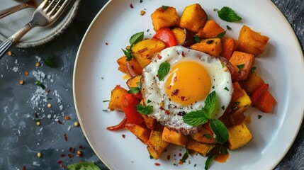 Wall Mural - Pumpkin and Egg Stir Fry on a White Plate