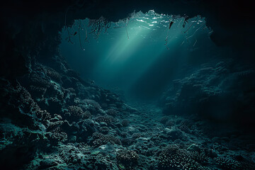 Wall Mural - Bioluminescent Life in a Deep Ocean Trench's Rich Biodiversity  