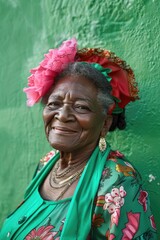 An older woman wearing a green dress and a pink flower in her hair, possibly for a special occasion or celebration