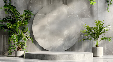 Wall Mural - Minimalist concrete podium for product presentation with palm trees in pots