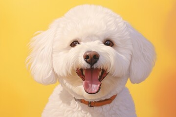 Wall Mural - Portrait of a smiling bichon frise isolated on soft yellow background