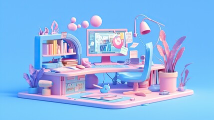 Wall Mural - Graphic designer setup, with computer, soft-colored tools, and a creative studio environmen