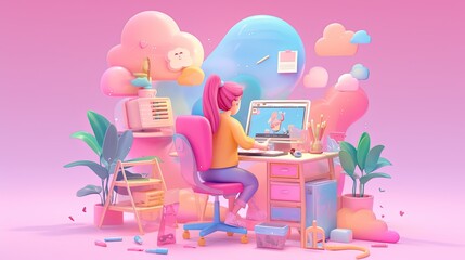 Wall Mural - Graphic designer at work, with computer, soft-colored tools, and a creative studio environmen