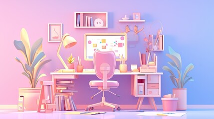 Wall Mural - Graphic designer setup, with computer, soft-colored tools, and a creative studio environmen