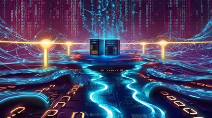 Digital Data Realm, A vibrant and dynamic digital landscape where binary code transforms into streams of data and digital signals