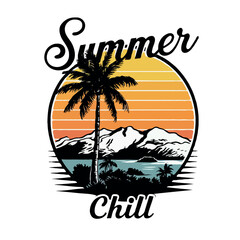 Wall Mural - Funny animals Retro beach, summer, sea, palm, tropical, sun t-shirt streetwear design