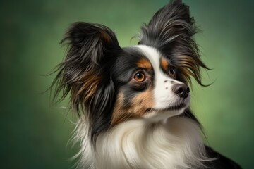 Wall Mural - Portrait of a curious papillon dog in soft green background