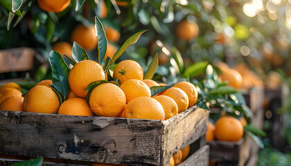 Canvas Print - Farmer taking fresh orange from wooden box in orange orchard
