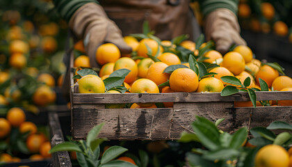 Canvas Print - Farmer taking fresh orange from wooden box in orange orchard
