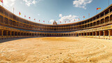 Historic bullring in Madrid, Spain, featuring classical architecture and a sandy arena with flags waving in the background.