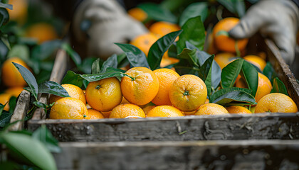 Canvas Print - Farmer taking fresh orange from wooden box in orange orchard
