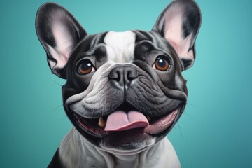 Wall Mural - Portrait of a smiling french bulldog over soft teal background