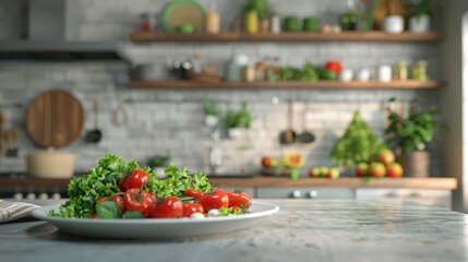 Vegetables on plate in contemporary kitchen
