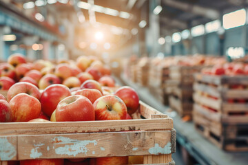 Wall Mural - A crate of apples is sitting on a conveyor belt in a warehouse