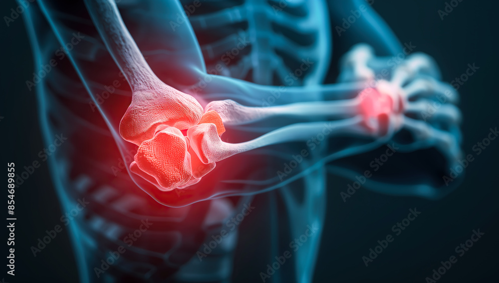 A 3D model of an elbow joint is shown, highlighting areas of pain and ...