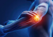 © Nanthiwan - A 3D model of an elbow joint is shown, highlighting areas of pain and inflammation with bright red and orange colors. Generative AI.