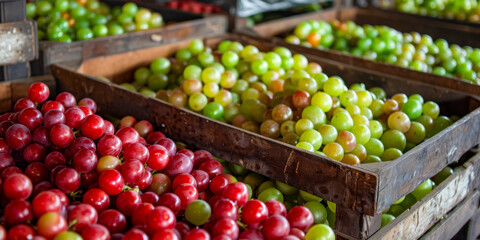 Wall Mural - A crate of red grapes sits next to a crate of green grapes