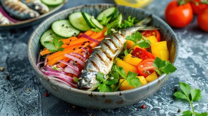 Wall Mural - Healthy Summer Buddha Bowl Salad with Sardines and Fresh Vegetables
