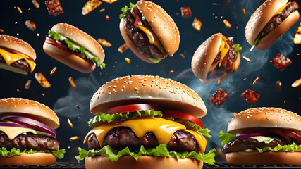 Grill burger, realistic 3d burgers falling in the air, grilled meat collection, ultra realistic, icon, falling, flying, detailed, angle view food photo, burger composition. Generative AI