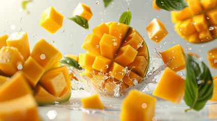 Yellow sweet mango cut into pieces, isolated on white background.