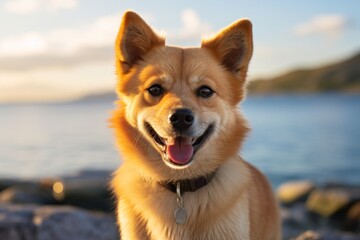 Wall Mural - Portrait of a smiling norwegian lundehund while standing against serene seaside background