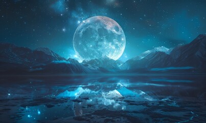Wall Mural - holographic moonlight casts an ethereal glow over a digital landscape, blending futuristic elements 