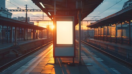 A serene railway station platform at dawn, with an empty board in the middle catching the golden sunrise light.