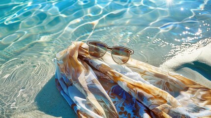 Poster - A pair of azure sunglasses rest on a towel by the waters edge on the beach, offering vision care and style for a sunny day of travel AIG50