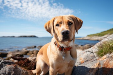 Wall Mural - Portrait of a cute labrador retriever in rocky shoreline background