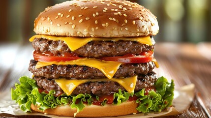 Wall Mural - Photograph of a classic American hamburger, stacked high with juicy beef patties, melted cheese, crisp lettuce, and tangy tomato.