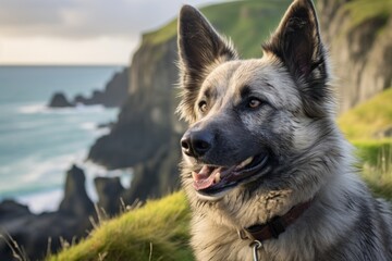 Wall Mural - Portrait of a smiling norwegian elkhound on dramatic coastal cliff background