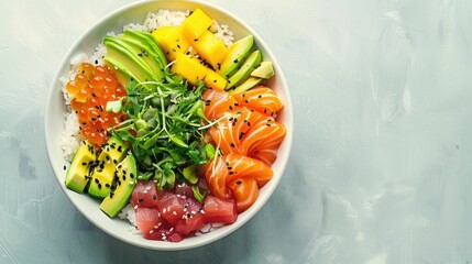 Wall Mural - A delicious bowl of food with rice, avocado, salmon, and mango beautifully arranged on a table. A perfect blend of natural ingredients and vibrant flavors AIG50