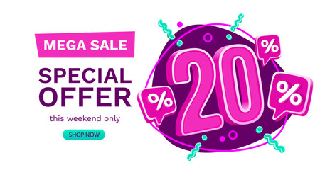 Wall Mural - 20 percent Special offer mega sale, Check and gift box. Sale banner and poster. Vector illustration.