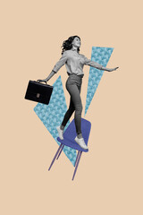 Sticker - Vertical photo collage of happy young businesswoman hold briefcase step chair leader worker chief boss isolated on painted background