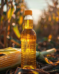 bottle of corn oil with fresh corn in the field at sunset