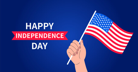 USA Independence Day simple banner. For 4th July greeting blue Background. American flag in hand. Symbol of American patriotism. Vector flat illustration.