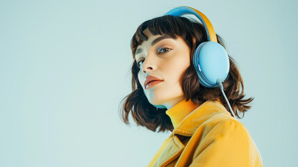 Wall Mural - Beautiful young woman with headphones. Banner for music telecommunication technologies language learning sale