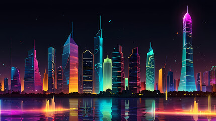 Wall Mural - Futuristic city skyline at night with a holographic wave flowing through the buildings, casting a colorful glow