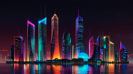 Wall Mural - Futuristic city skyline at night with a holographic wave flowing through the buildings, casting a colorful glow