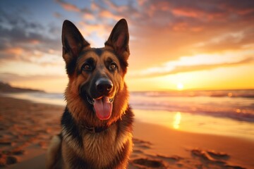 Wall Mural - Portrait of a funny german shepherd on vibrant beach sunset background