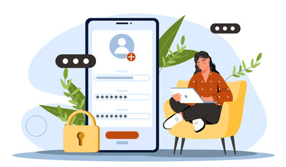 Woman sign in website. Girl with laptop in her hands register at site. User create profile or account. Client enters personal information. Cartoon flat vector illustration isolated on white background