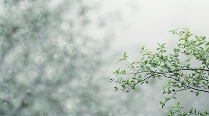 Wall Mural - Green tree with small leaves on blurred gray background with space for text