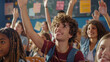 © M - Diverse group of students actively participating in classroom raising hands in bright, colorful school environment