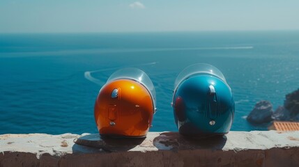 two helmets stand on a stone, near the lake at sunset