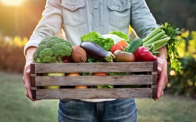 A man holds a wooden box with freshly picked harvested vegetables .Close-up on the box.