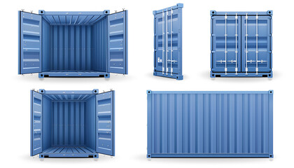 Wall Mural - set of open and closed blue metal cargo containers, shown from front and side views