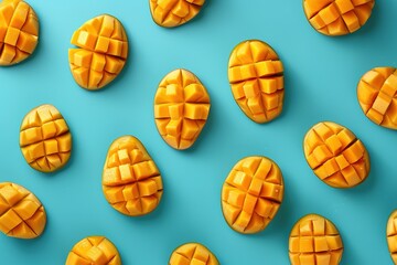 ripe sweet cutting mango fruits pattern on blue background top view