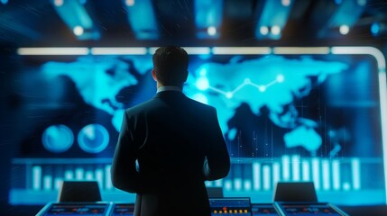 Wall Mural - Businessman cybersecurity manager stands at control room big screen world map chart graph panel button dashboard back of Caucasian male in suit